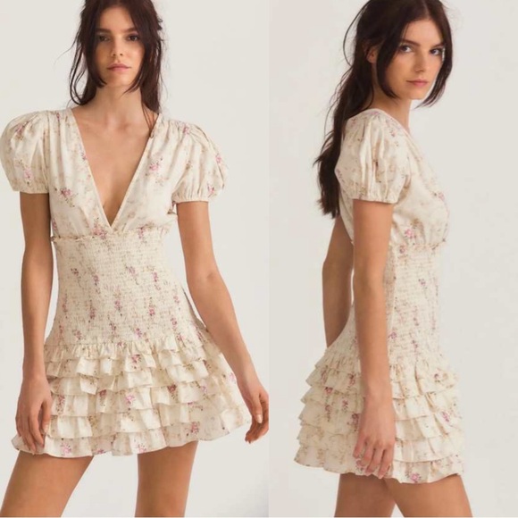LoveShackFancy Dresses & Skirts - LoveShackFancy Radia Smocked Cotton Delicate Floral Print Mini Dress Size S